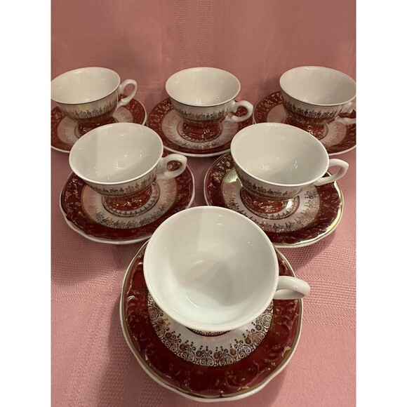 VNTG Set of 6 Porcelana SCHMIDT Brasil Espresso Cups -Multicolor Burgundy Gold - Picture 5 of 12